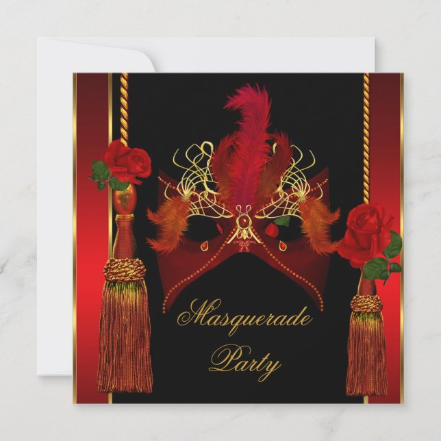 Invitation Mascarade Masque Elégant Noir Rouge Rose Or (Devant)
