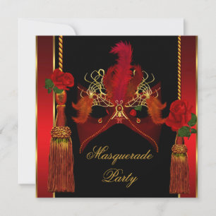 Invitation Mascarade Masque Elégant Noir Rouge Rose Or