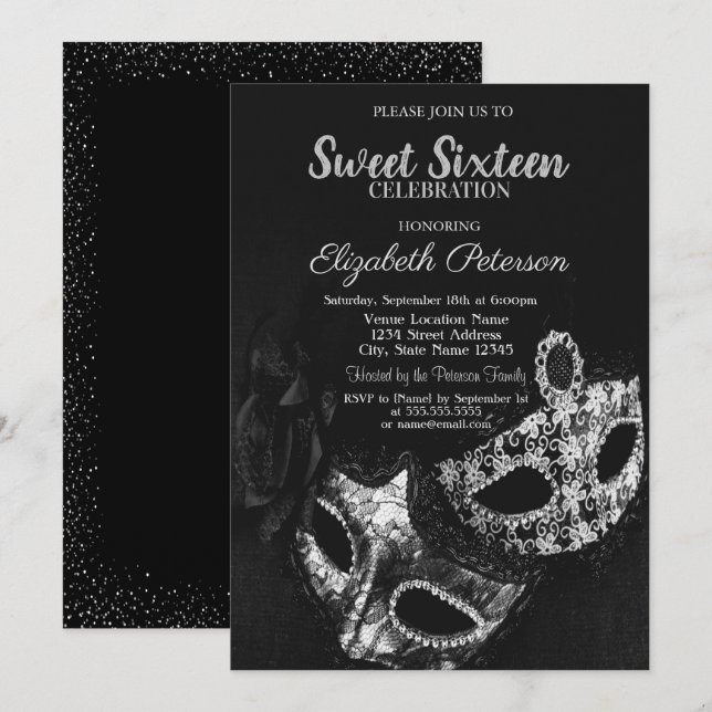 Invitation Mascarade, Masque, Noir, Grey Confetti Sweet 16 (Devant / Derrière)