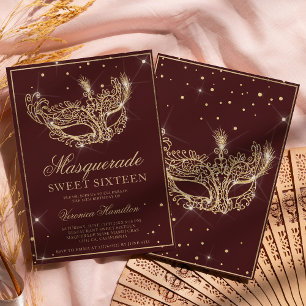 Invitation Mascarade masque parties scintillant d'or bordeaux