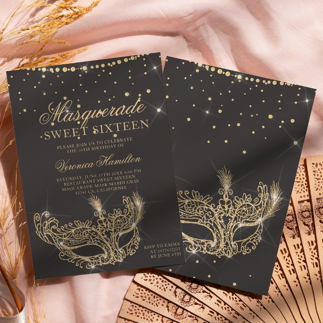 Invitation Mascarade masque parties scintillant or gris Sweet (Créateur téléchargé)