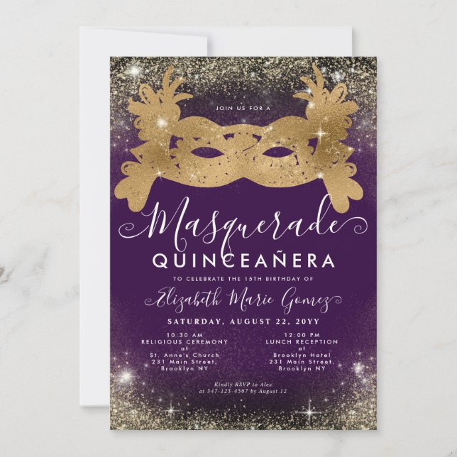 Invitation Mascarade Masque Purple Gold Parties scintillant Q (Devant)