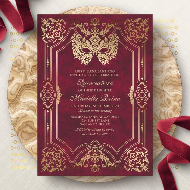 Invitation Mascarade Masque Rouge Élégante Quinceanera (Créateur téléchargé)