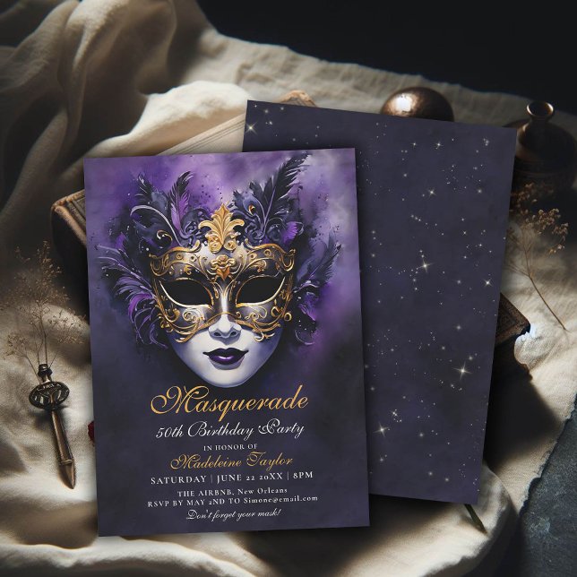 Invitation Mascarade Masque vénitien Gold Purple 50e annivers (masquerade birthday party 50th for women venetian mask purple gold elegant modern classy)