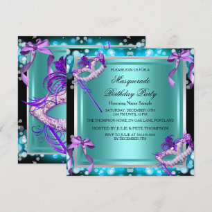 Invitation Mascarade Masques Violet Turquoise Anniversaire