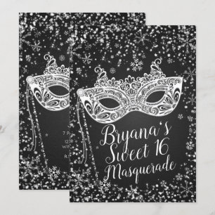 Invitation Mascarade Merveilleux Hiver Noir Blanc Sweet 16