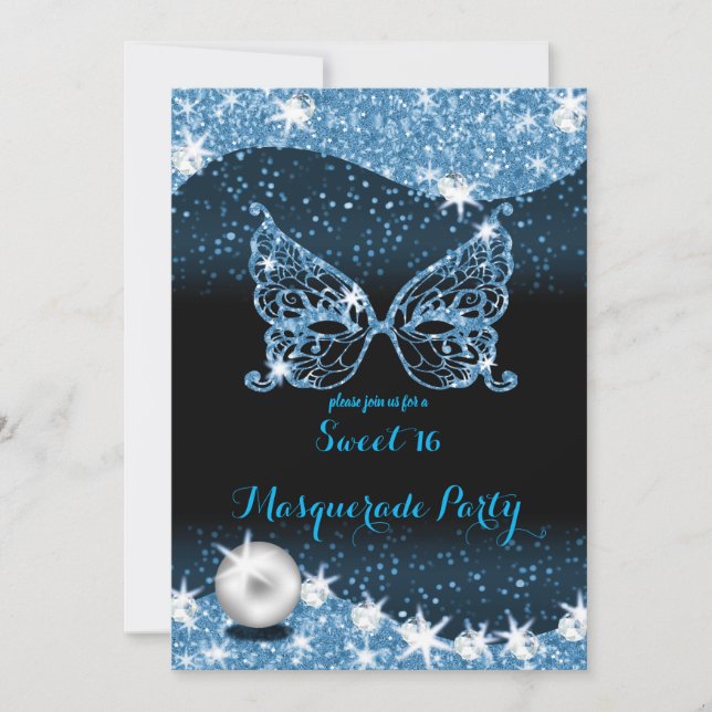 Invitation mascarade noir et bleu doux 16 avec parties scinti (Devant)