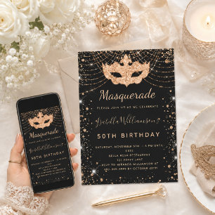 Invitation Mascarade noir paillettes d'or fête d'anniversaire