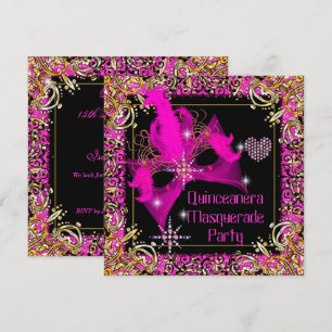 Invitation Mascarade noire en or rose chaud Quinceanera Party