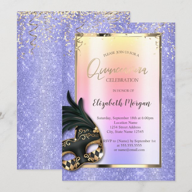 Invitation Mascarade noire Lavander Quinceañera (Devant / Derrière)