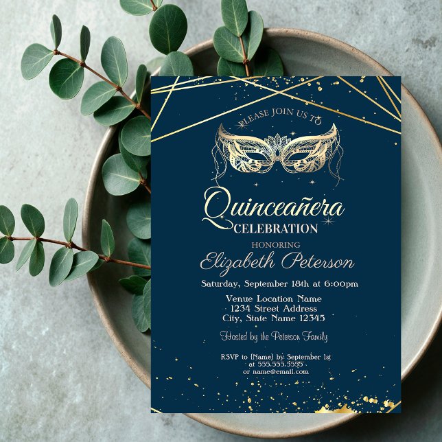 Invitation Mascarade, Or, Marine Blue Quinceañera (Créateur téléchargé)