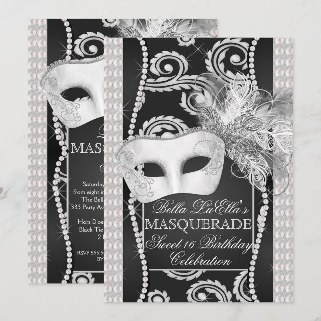 Invitation mascarade perle noire et blanche (Devant / Derrière)