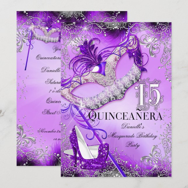 Invitation Mascarade pourpre étincelle Quinceanera Anniversai (Devant / Derrière)