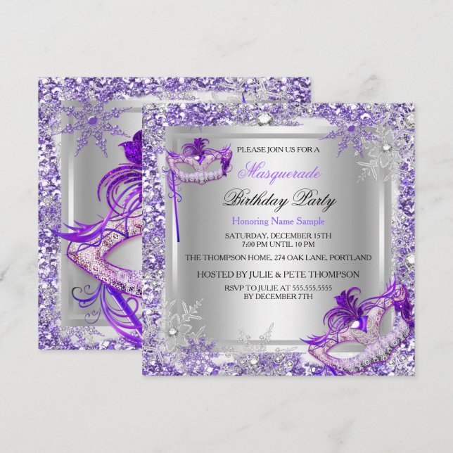 Invitation Mascarade Purple Silver Flakes Fête des masques (Devant / Derrière)