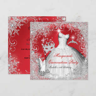 Invitation Mascarade Quinceanera Flakes blancs rouges