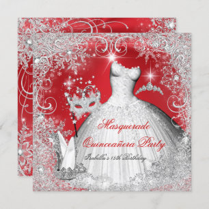 Invitation Mascarade Quinceanera Flakes blancs rouges