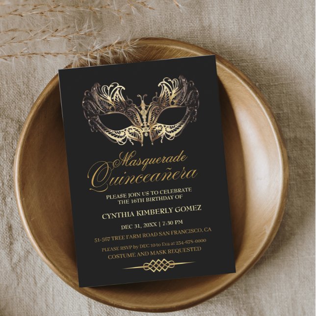 Invitation Mascarade Quinceañera Gold Noir 16e anniversaire (Créateur téléchargé)
