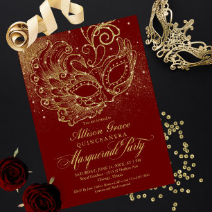 Invitation Mascarade Quinceanera Or Bourgogne