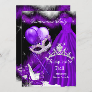Invitation Mascarade Quinceanera Plumes violet noir 2a