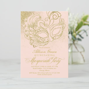 Invitation Mascarade Quinceanera Rose Or 