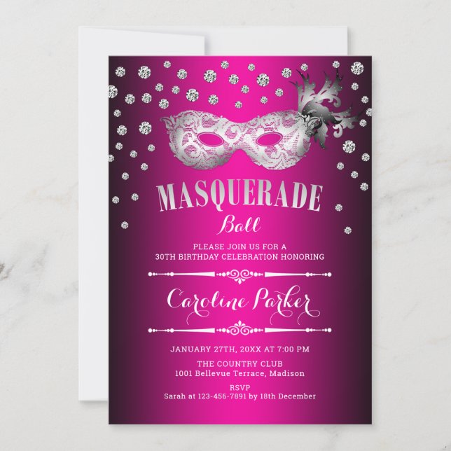 Invitation Mascarade rose argent Ball fête d'anniversaire (Devant)