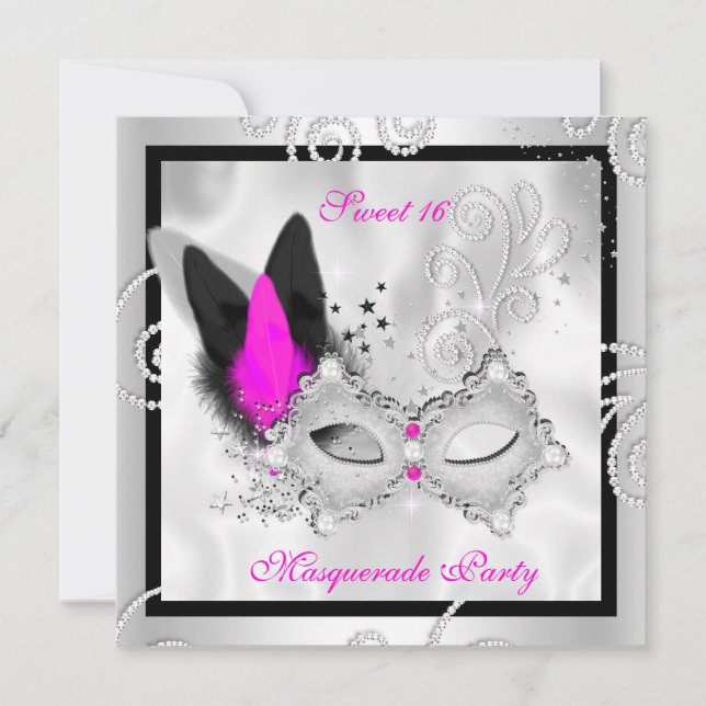Invitation Mascarade rose chaud doux 16 fêtes Masque argent 2 (Devant)