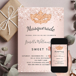 Invitation Mascarade rose or parties scintillant poussière Sw