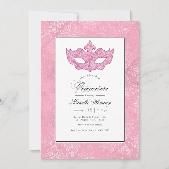 Invitation Mascarade rose Quinceañera (Devant)