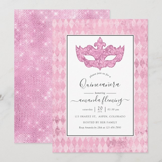 Invitation Mascarade rose vintage Quinceañera (Devant / Derrière)