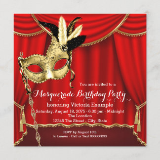 Invitation Mascarade rouge et or fête d'anniversaire