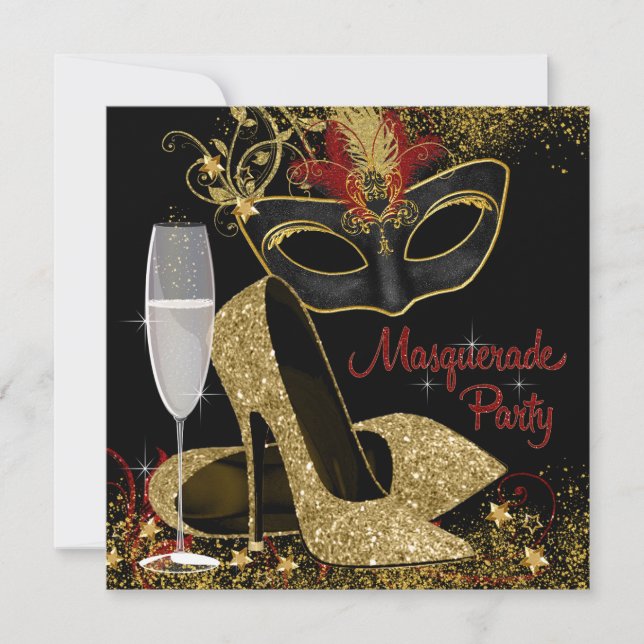 Invitation Mascarade rouge noir et or fête d'anniversaire (Devant)