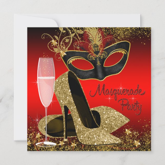 Invitation Mascarade rouge noir et or fête d'anniversaire (Devant)