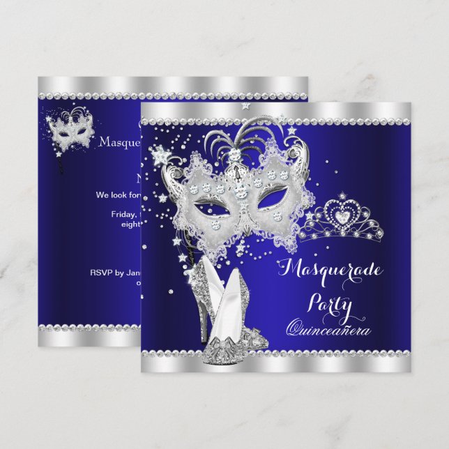 Invitation Mascarade Royale Bleue Quinceanera Masque Hi Heure (Devant / Derrière)