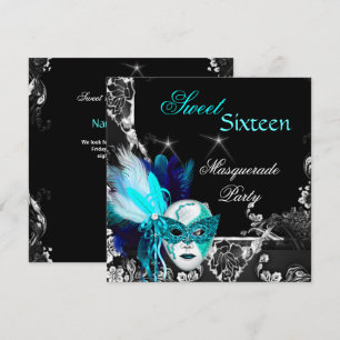 Invitation Mascarade Sweet 16 Masque Bleu Sarcelle Noir Fête