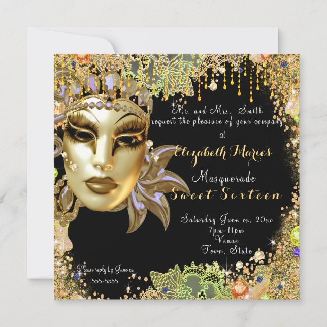 Invitation Mascarade, Sweet sixteen, Dentelle Parties scintil (Devant)