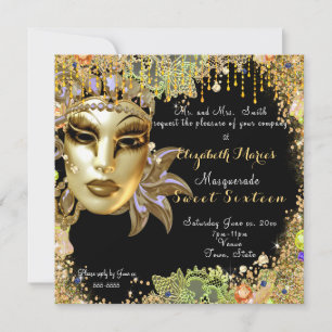 Invitation Mascarade, Sweet Sixteen, Pailleté Or Broderie Ang