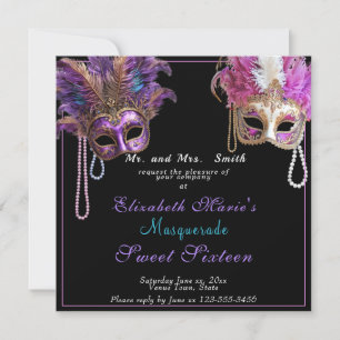 Invitation Mascarade Sweet Sixteen Rose Or Perles