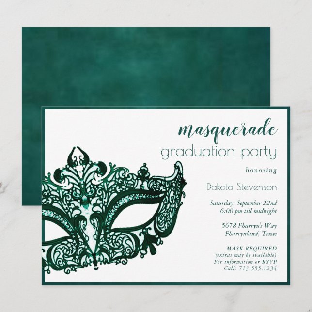 Invitation Mascarade vert | Diplôme émérite dynamique (Devant / Derrière)