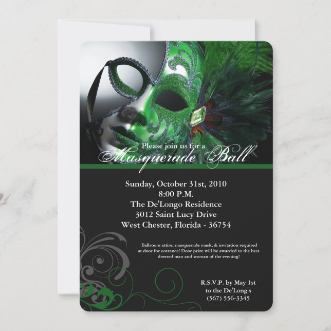 Invitation Mascarade verte Mascarade Masque costume Halloween (Devant)
