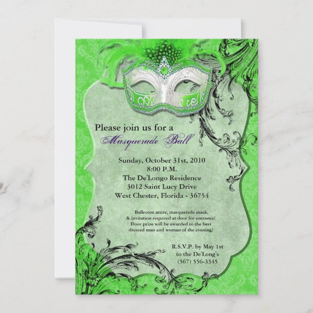 Invitation Mascarade verte Mascarade Masque costume Halloween (Devant)