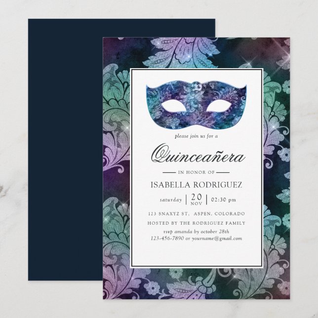 Invitation Mascarade vintage Damask Quinceañera (Devant / Derrière)