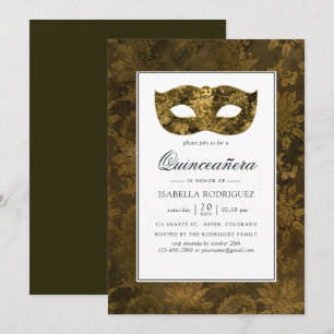 Invitation Mascarade vintage en or Damask Quinceañera