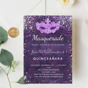 Invitation Mascarade violet argent parties scintillant poussi