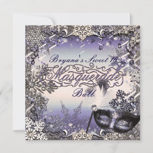 Invitation Mascarade Violet et Argent & Flocons de Neige (Devant)