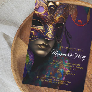 Invitation Mascarade violet et or avec Masque Vibrant