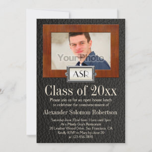 Invitation Masculine Boys Cuir Bois Monogramme Graduation