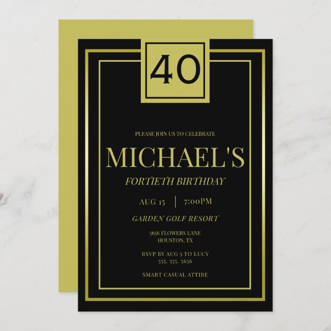 Invitation Masculine moderne Gold & Black 40e anniversaire (Devant / Derrière)