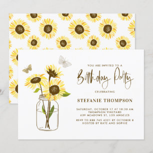 Invitation Mason Jar aux tournesols jaunes fête d'anniversair