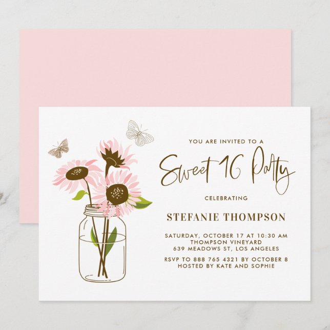 Invitation Mason Jar aux tournesols roses Sweet 16 Party (Devant / Derrière)