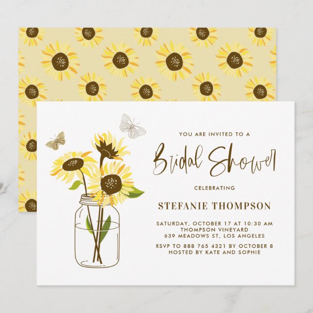 Invitation Mason Jar avec Fête des mariées de tournesol jaune (Devant / Derrière)